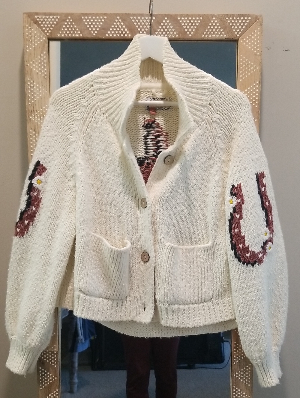 Pilcro Cream Knit Cardigan with Maroon and Black Patch Detail